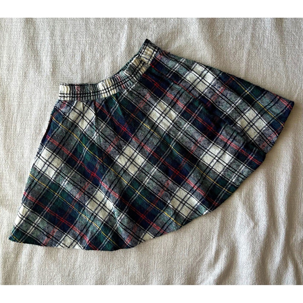 Vintage Belk Bugoff Girl Sz 5 Plaid Skirt Green Navy Cream Elastic Waist Acrylic